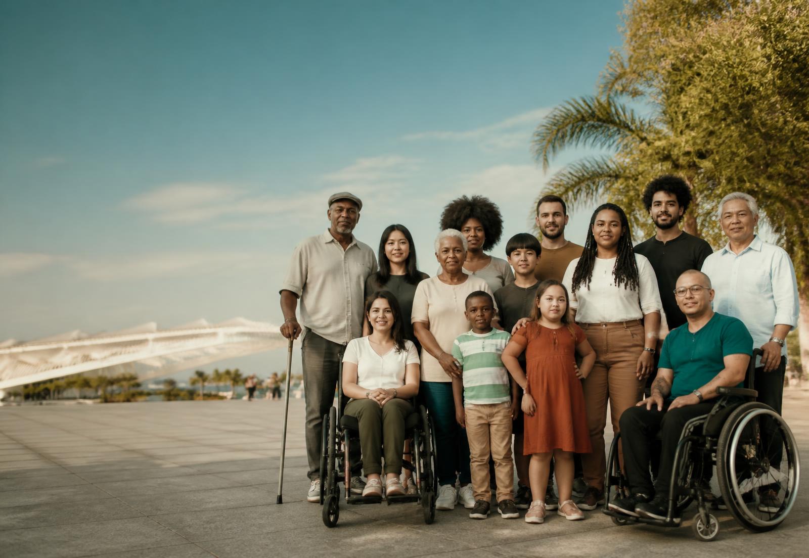 Pessoas de diferentes idades e corpos reunidas em uma praça pública no Rio de Janeiro, lado a lado, olhando para a câmera